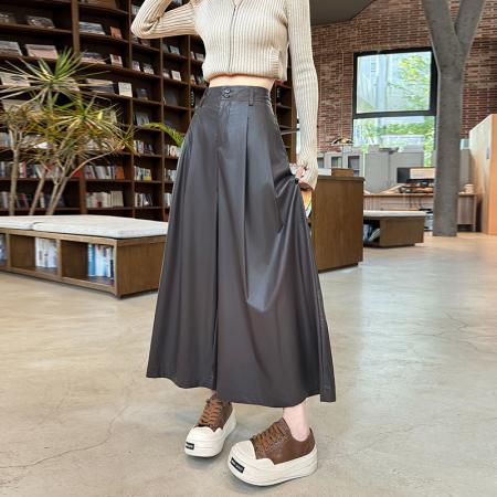 FA49886# 秋冬新款老钱风气质PU皮裤女软皮潮酷九分大裤脚阔腿靴裤休闲裙裤 服裝批發女裝批發服飾貨源