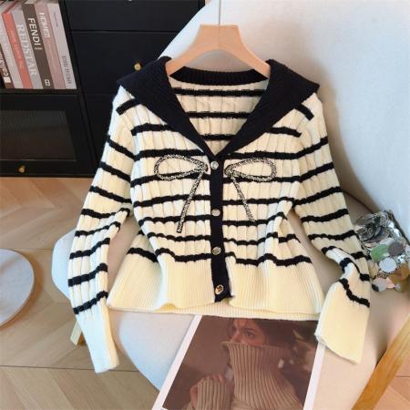 FA49887# 小香风黑色海军领蝴蝶结系带针织开衫女秋冬季氛围感韩系上衣 服裝批發女裝批發服飾貨源