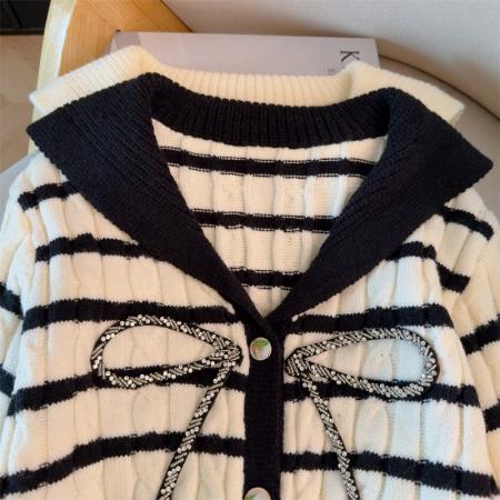 FA49887# 小香风黑色海军领蝴蝶结系带针织开衫女秋冬季氛围感韩系上衣 服裝批發女裝批發服飾貨源