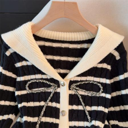 FA49887# 小香风黑色海军领蝴蝶结系带针织开衫女秋冬季氛围感韩系上衣 服裝批發女裝批發服飾貨源