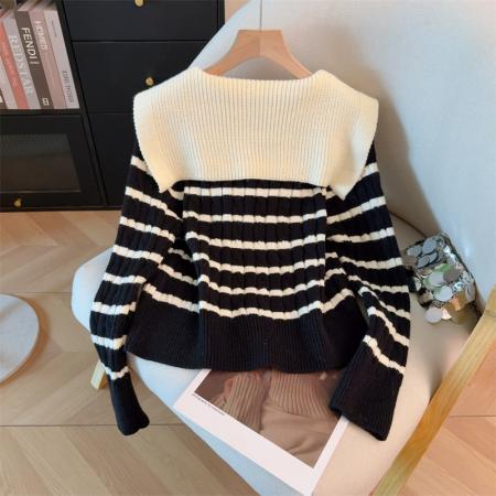 FA49887# 小香风黑色海军领蝴蝶结系带针织开衫女秋冬季氛围感韩系上衣 服裝批發女裝批發服飾貨源