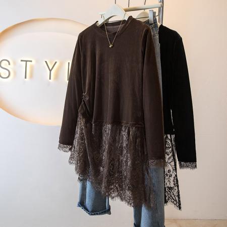 FA49888# 大码冬季女装新款韩拼接蕾丝网纱宽松显瘦气质百搭叠穿上衣 服裝批發女裝批發服飾貨源