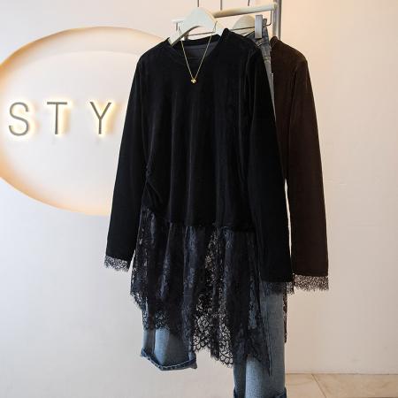 FA49888# 大码冬季女装新款韩拼接蕾丝网纱宽松显瘦气质百搭叠穿上衣 服裝批發女裝批發服飾貨源