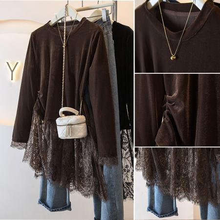 FA49888# 大码冬季女装新款韩拼接蕾丝网纱宽松显瘦气质百搭叠穿上衣 服裝批發女裝批發服飾貨源