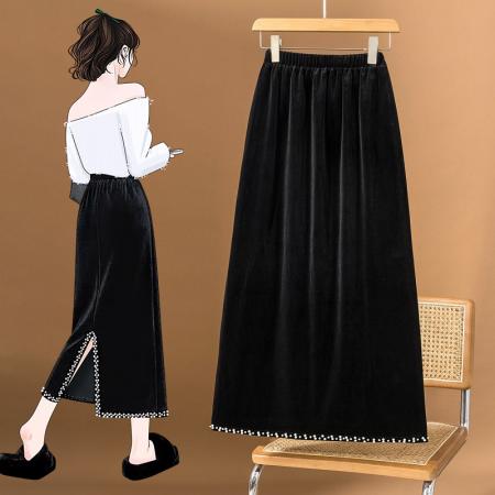 大码秋冬款女装新款高级感丝绒设计感后开叉百搭显瘦半身裙 服裝批發女裝批發服飾貨源