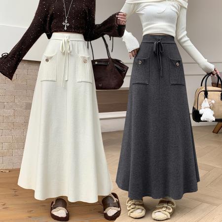 原创加厚秋冬针织半身裙女新款韩版高腰a字大摆长裙遮胯百褶 服裝批發女裝批發服飾貨源