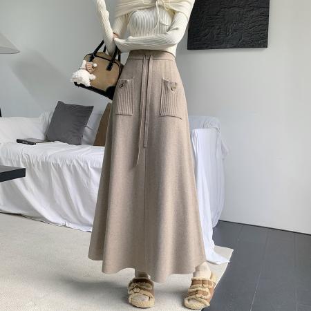 原创加厚秋冬针织半身裙女新款韩版高腰a字大摆长裙遮胯百褶 服裝批發女裝批發服飾貨源