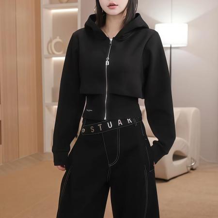 FA49896# 酷飒风女装高级感时尚个性百搭小众假两件拉链连帽长袖卫衣女秋季 服裝批發女裝批發服飾貨源