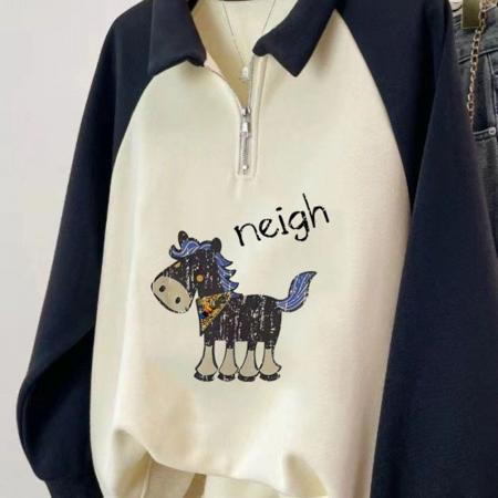 FA49902# 天鹅绒半拉链polo领卫衣女秋冬胖mm宽松加绒加厚插肩袖上衣 服裝批發女裝批發服飾貨源