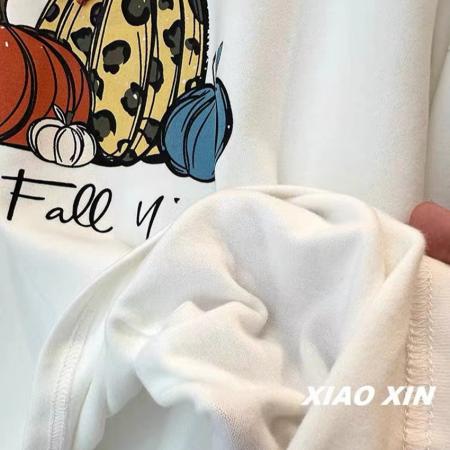 FA49904# 韩系南瓜印花双面磨毛长袖T恤秋冬软糯打底衫休闲上衣 服裝批發女裝批發服飾貨源