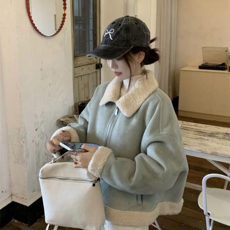 FA49905# 490克鹿皮绒复合羊驼绒新年短外套女羊驼绒加厚冬保暖甜美 服裝批發女裝批發服飾貨源