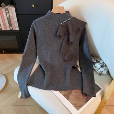 FA49907# 冬季新款网纱拼接打底针织衫高领设计感钉珠内搭毛衣 服裝批發女裝批發服飾貨源