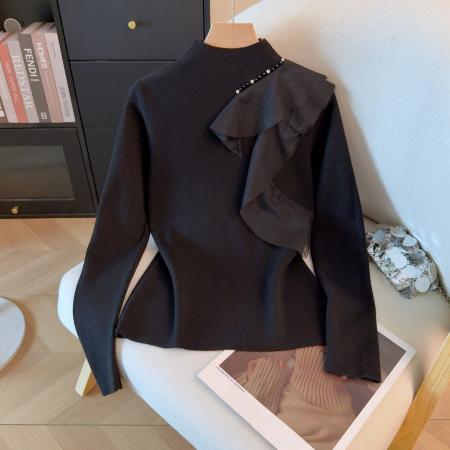 FA49907# 冬季新款网纱拼接打底针织衫高领设计感钉珠内搭毛衣 服裝批發女裝批發服飾貨源