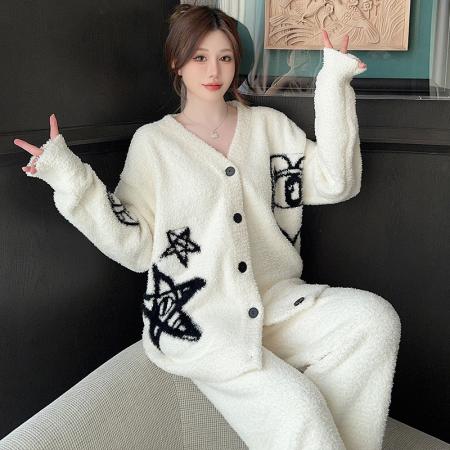 实货睡衣女半边绒秋冬新款韩版宽松开衫休闲女士睡衣家居服套装 服裝批發女裝批發服飾貨源