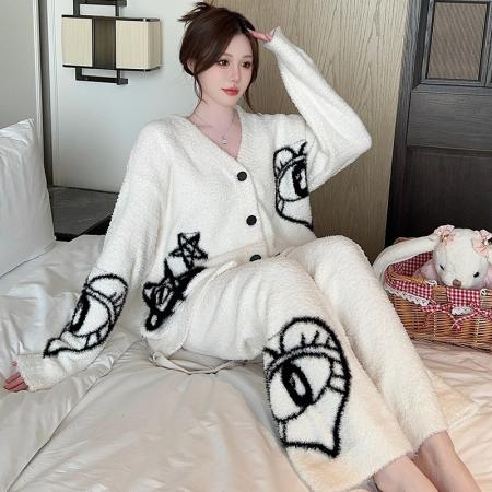 实货睡衣女半边绒秋冬新款韩版宽松开衫休闲女士睡衣家居服套装 服裝批發女裝批發服飾貨源