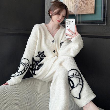 实货睡衣女半边绒秋冬新款韩版宽松开衫休闲女士睡衣家居服套装 服裝批發女裝批發服飾貨源