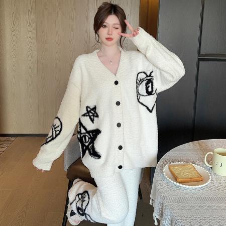 实货睡衣女半边绒秋冬新款韩版宽松开衫休闲女士睡衣家居服套装 服裝批發女裝批發服飾貨源