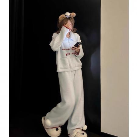 FA49910# 实货蓝色毛绒绒翻领半边绒睡衣秋女冬季加厚可外穿家居服两件套 服裝批發女裝批發服飾貨源