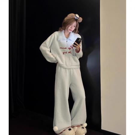 FA49910# 实货蓝色毛绒绒翻领半边绒睡衣秋女冬季加厚可外穿家居服两件套 服裝批發女裝批發服飾貨源