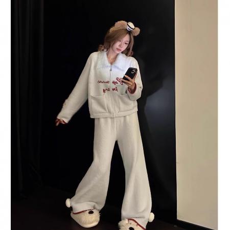 FA49910# 实货蓝色毛绒绒翻领半边绒睡衣秋女冬季加厚可外穿家居服两件套 服裝批發女裝批發服飾貨源