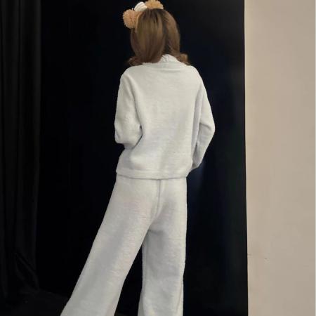 FA49910# 实货蓝色毛绒绒翻领半边绒睡衣秋女冬季加厚可外穿家居服两件套 服裝批發女裝批發服飾貨源