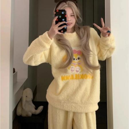 FA49911# 实货毛茸茸珊瑚绒睡衣女秋冬季加厚长袖卡通圆领保暖家居服套装 服裝批發女裝批發服飾貨源