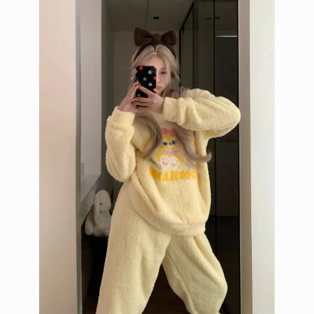 实货毛茸茸珊瑚绒睡衣女秋冬季加厚长袖卡通圆领保暖家居服套装 服裝批發女裝批發服飾貨源