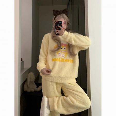 实货毛茸茸珊瑚绒睡衣女秋冬季加厚长袖卡通圆领保暖家居服套装 服裝批發女裝批發服飾貨源