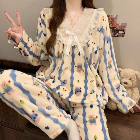 冬季新款法兰绒睡衣女加厚甜美公主风可爱家居服套装 服裝批發女裝批發服飾貨源