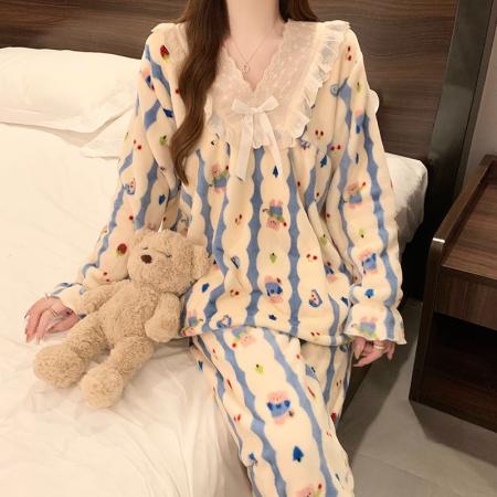 冬季新款法兰绒睡衣女加厚甜美公主风可爱家居服套装 服裝批發女裝批發服飾貨源