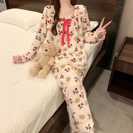 冬季新款法兰绒睡衣女加厚甜美公主风可爱家居服套装 服裝批發女裝批發服飾貨源