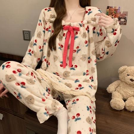 冬季新款法兰绒睡衣女加厚甜美公主风可爱家居服套装 服裝批發女裝批發服飾貨源