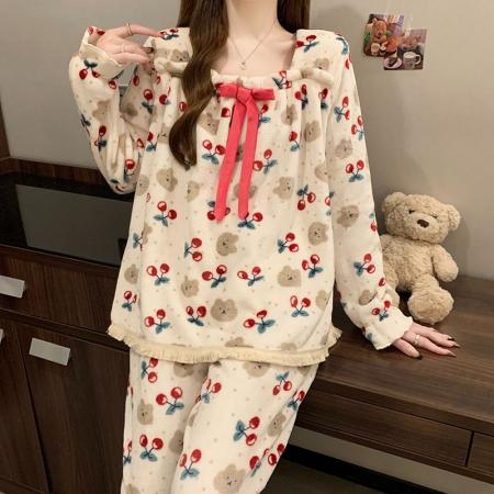 冬季新款法兰绒睡衣女加厚甜美公主风可爱家居服套装 服裝批發女裝批發服飾貨源