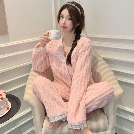 FA49914# 冬季提花长毛绒睡衣女蕾丝公主风甜美家居服套装 服裝批發女裝批發服飾貨源
