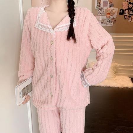 FA49914# 冬季提花长毛绒睡衣女蕾丝公主风甜美家居服套装 服裝批發女裝批發服飾貨源