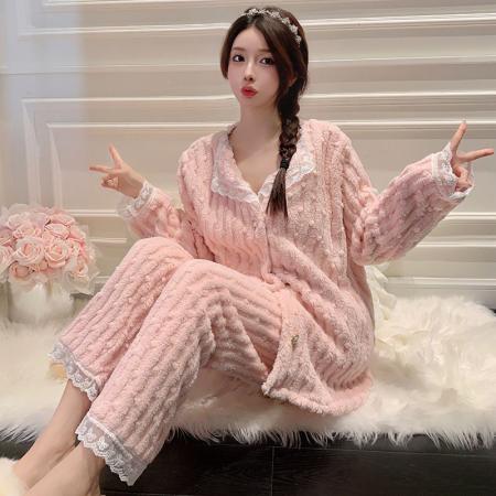 FA49914# 冬季提花长毛绒睡衣女蕾丝公主风甜美家居服套装 服裝批發女裝批發服飾貨源