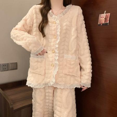 冬季新款长毛绒睡衣女公主风加厚甜美少女家居服套装 服裝批發女裝批發服飾貨源