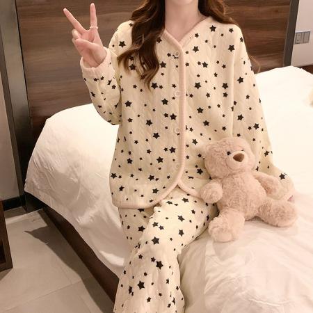 FA49916# 秋冬季新款睡衣女加厚空气夹层开衫长袖甜美家居服套装 服裝批發女裝批發服飾貨源