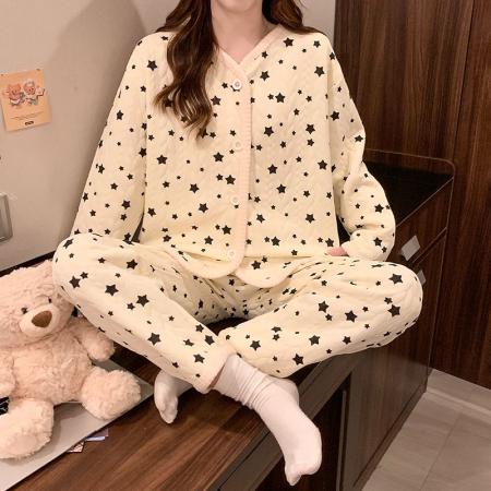 FA49916# 秋冬季新款睡衣女加厚空气夹层开衫长袖甜美家居服套装 服裝批發女裝批發服飾貨源