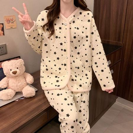 FA49916# 秋冬季新款睡衣女加厚空气夹层开衫长袖甜美家居服套装 服裝批發女裝批發服飾貨源