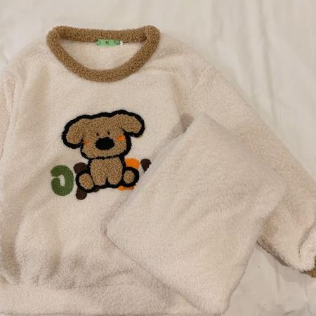 冬季新款睡衣女半边绒卡通圆领休闲家居服套装 服裝批發女裝批發服飾貨源