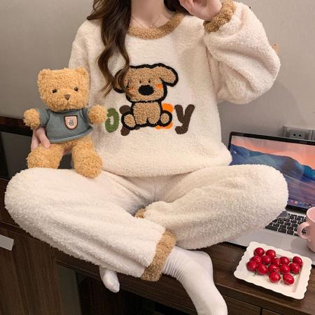 冬季新款睡衣女半边绒卡通圆领休闲家居服套装 服裝批發女裝批發服飾貨源