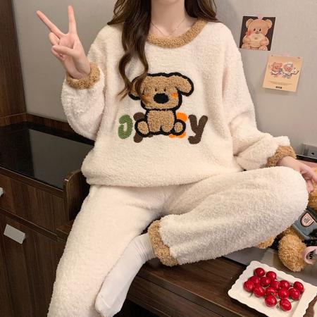 冬季新款睡衣女半边绒卡通圆领休闲家居服套装 服裝批發女裝批發服飾貨源