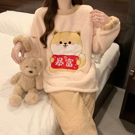 FA49918# 冬季新款睡衣女加厚半边绒卡通圆领休闲家居服套装 服裝批發女裝批發服飾貨源