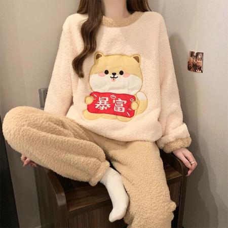 FA49918# 冬季新款睡衣女加厚半边绒卡通圆领休闲家居服套装 服裝批發女裝批發服飾貨源