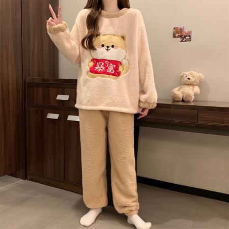 FA49918# 冬季新款睡衣女加厚半边绒卡通圆领休闲家居服套装 服裝批發女裝批發服飾貨源