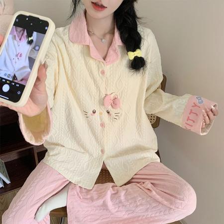 FA49919# 秋季新款睡衣女提花棉卡通翻领开衫韩版长袖甜美家居服 服裝批發女裝批發服飾貨源