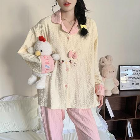 FA49919# 秋季新款睡衣女提花棉卡通翻领开衫韩版长袖甜美家居服 服裝批發女裝批發服飾貨源