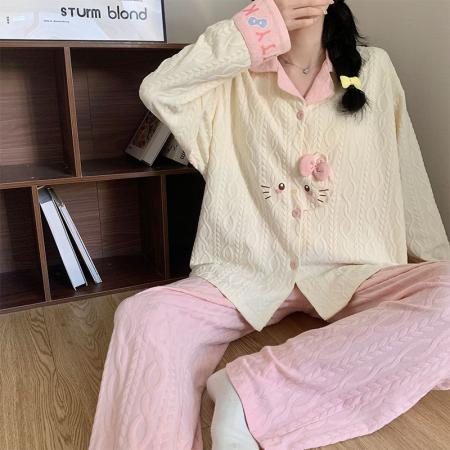 FA49919# 秋季新款睡衣女提花棉卡通翻领开衫韩版长袖甜美家居服 服裝批發女裝批發服飾貨源