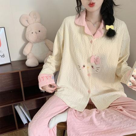 FA49919# 秋季新款睡衣女提花棉卡通翻领开衫韩版长袖甜美家居服 服裝批發女裝批發服飾貨源